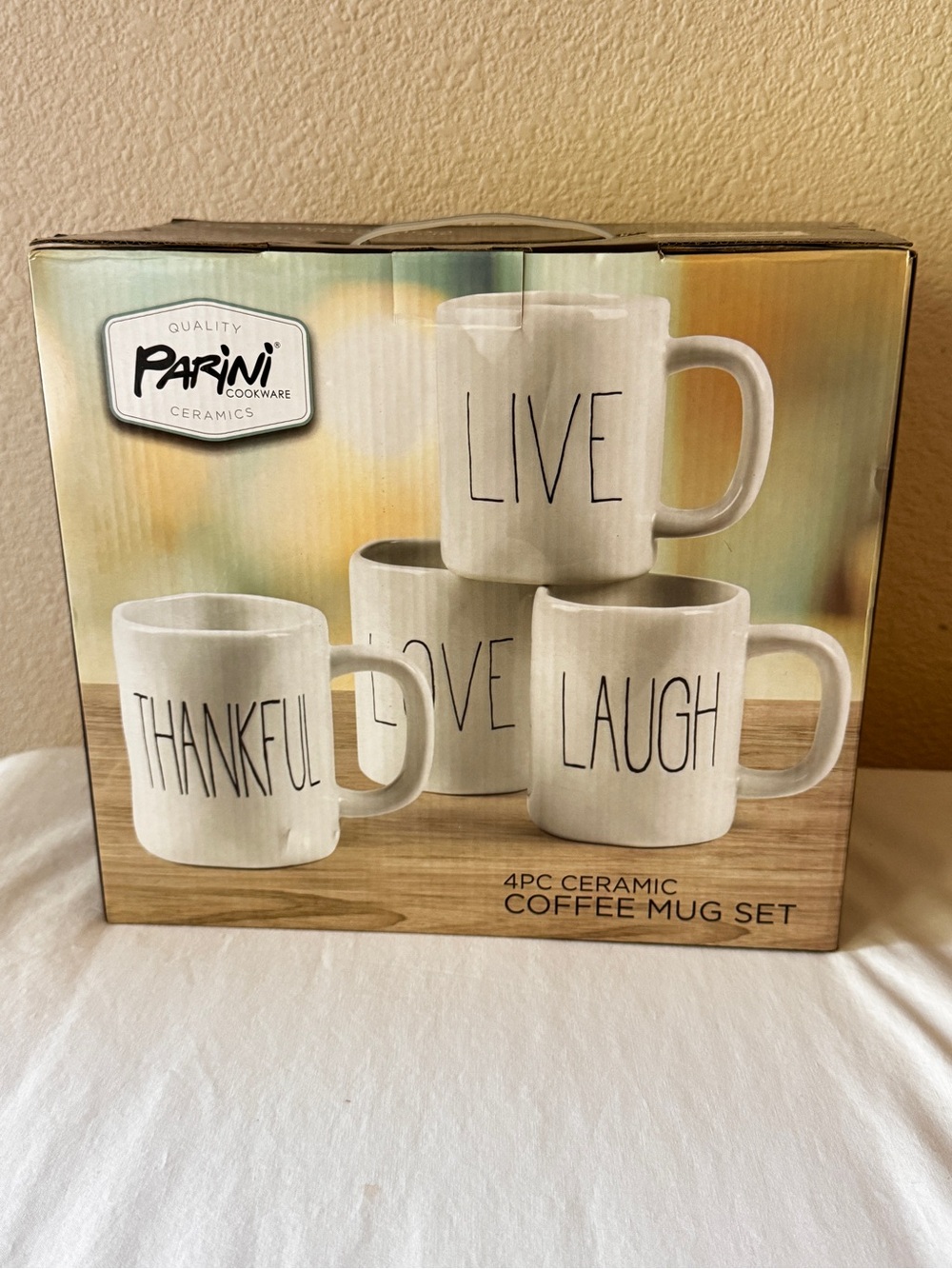 Ceramic "Live Love Laugh Thankful" White Coffee Mug Set